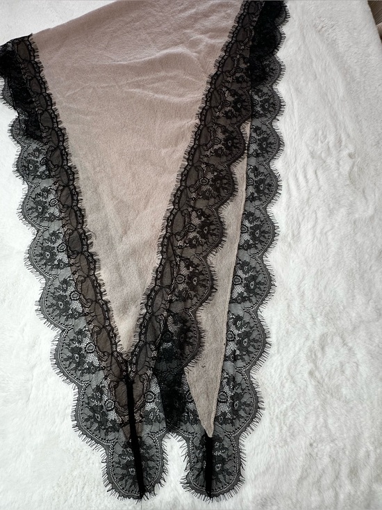 La Fiorentina Accessories - La Fiorentina Taupe  Wrap with Black Floral Lace Edging triangle